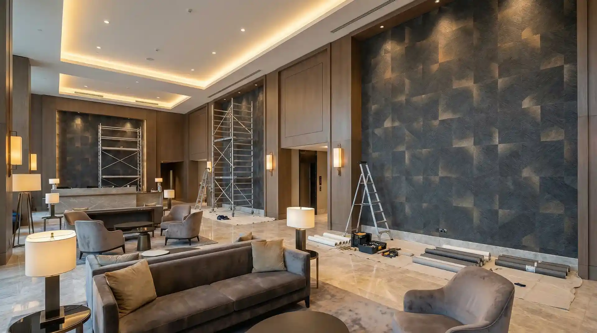 Commercial wallcovering installation in luxury hotel lobby, Atlanta Georgia