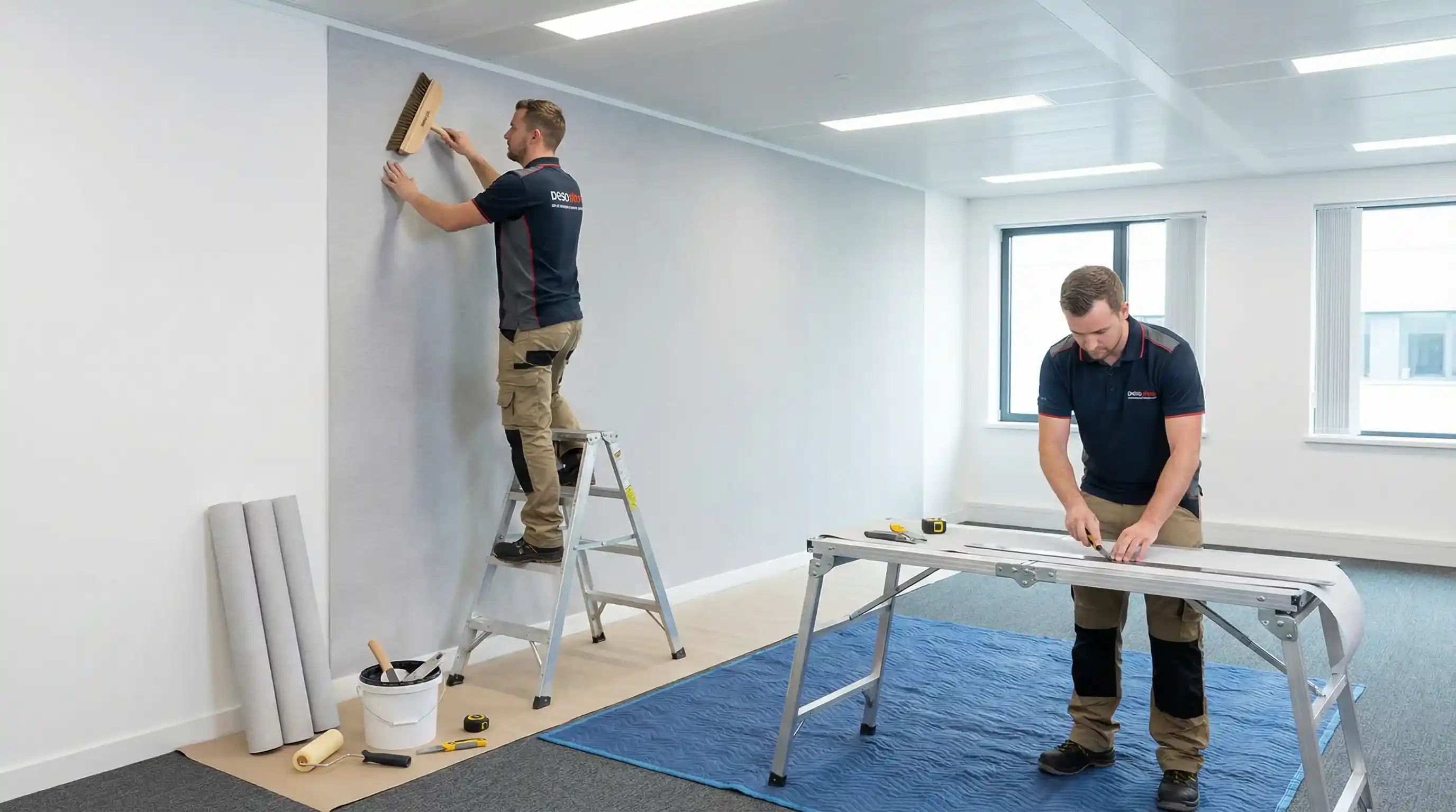 Professional wallcovering installation crew with safety equipment on commercial construction site