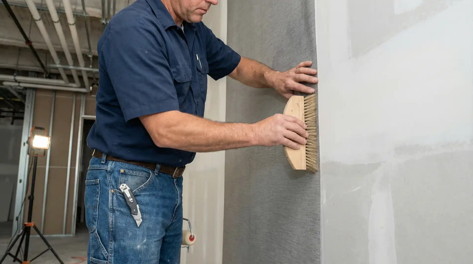 Professional wallcovering installation process, aligning and smoothing commercial wallpaper